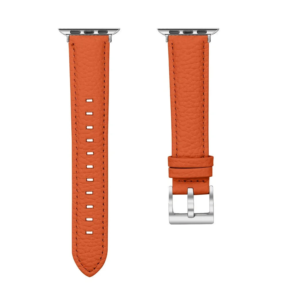 Litchi Textured Genuine Leather Strap for Apple Watch Ultra 3 2 1 49mm  /  Series 11 10 46mm  /  9 8 7 45mm  /  SE3 SE2 SE 6 5 4 44mm  /  3 2 1 42mm Pointed-End Watch Band with Silver Buckle - Orange - 4