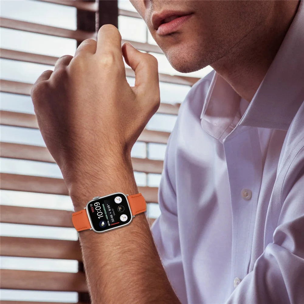 Litchi Textured Genuine Leather Strap for Apple Watch Ultra 3 2 1 49mm  /  Series 11 10 46mm  /  9 8 7 45mm  /  SE3 SE2 SE 6 5 4 44mm  /  3 2 1 42mm Pointed-End Watch Band with Silver Buckle - Orange - 6