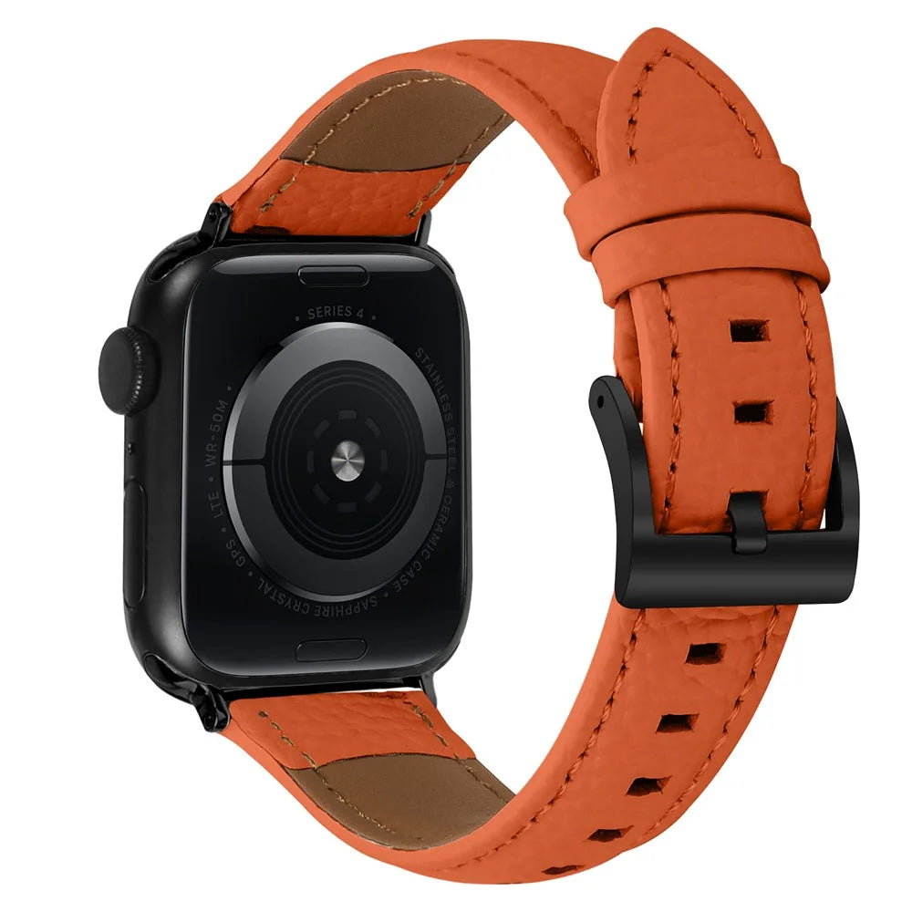 Litchi Textured Genuine Leather Strap with Electroplated Buckle for Apple Watch Ultra 3 2 1 49mm  /  Series 11 10 46mm  /  9 8 7 45mm  /  SE3 SE2 SE 6 5 4 44mm  /  3 2 1 42mm Pointed-End Watch Band - Orange / Black - 1