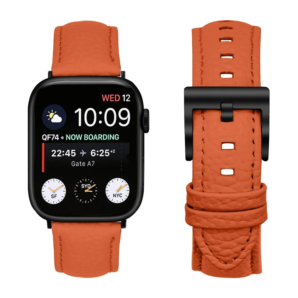 Litchi Textured Genuine Leather Strap with Electroplated Buckle for Apple Watch Ultra 3 2 1 49mm  /  Series 11 10 46mm  /  9 8 7 45mm  /  SE3 SE2 SE 6 5 4 44mm  /  3 2 1 42mm Pointed-End Watch Band - Orange / Black - 2