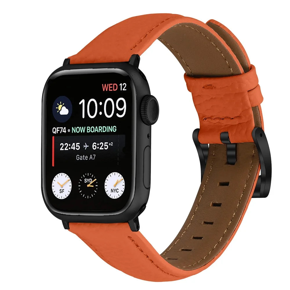 Litchi Textured Genuine Leather Strap with Electroplated Buckle for Apple Watch Ultra 3 2 1 49mm  /  Series 11 10 46mm  /  9 8 7 45mm  /  SE3 SE2 SE 6 5 4 44mm  /  3 2 1 42mm Pointed-End Watch Band - Orange / Black - 3