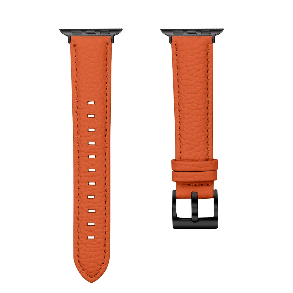 Litchi Textured Genuine Leather Strap with Electroplated Buckle for Apple Watch Ultra 3 2 1 49mm  /  Series 11 10 46mm  /  9 8 7 45mm  /  SE3 SE2 SE 6 5 4 44mm  /  3 2 1 42mm Pointed-End Watch Band - Orange / Black - 4
