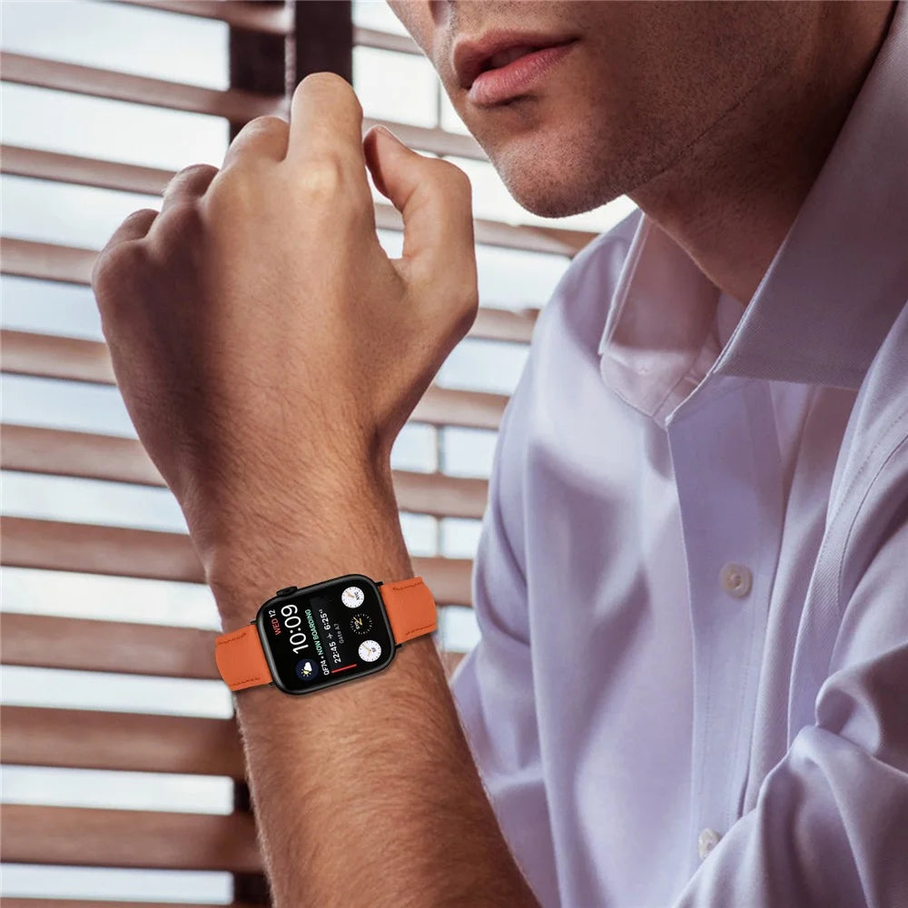 Litchi Textured Genuine Leather Strap with Electroplated Buckle for Apple Watch Ultra 3 2 1 49mm  /  Series 11 10 46mm  /  9 8 7 45mm  /  SE3 SE2 SE 6 5 4 44mm  /  3 2 1 42mm Pointed-End Watch Band - Orange / Black - 6