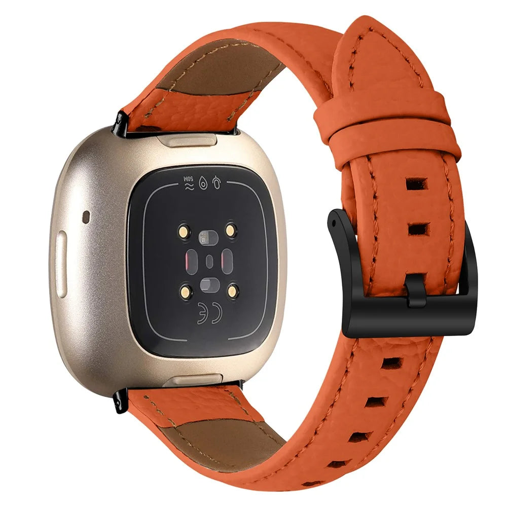 Litchi Textured Genuine Cow Leather Strap with Electroplated Buckle for Fitbit Versa 3 / Sense Pointed-End Watch Band - Orange / Black - 1