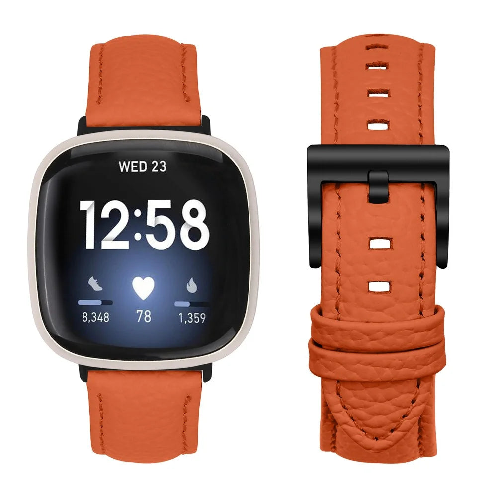 Litchi Textured Genuine Cow Leather Strap with Electroplated Buckle for Fitbit Versa 3 / Sense Pointed-End Watch Band - Orange / Black - 2