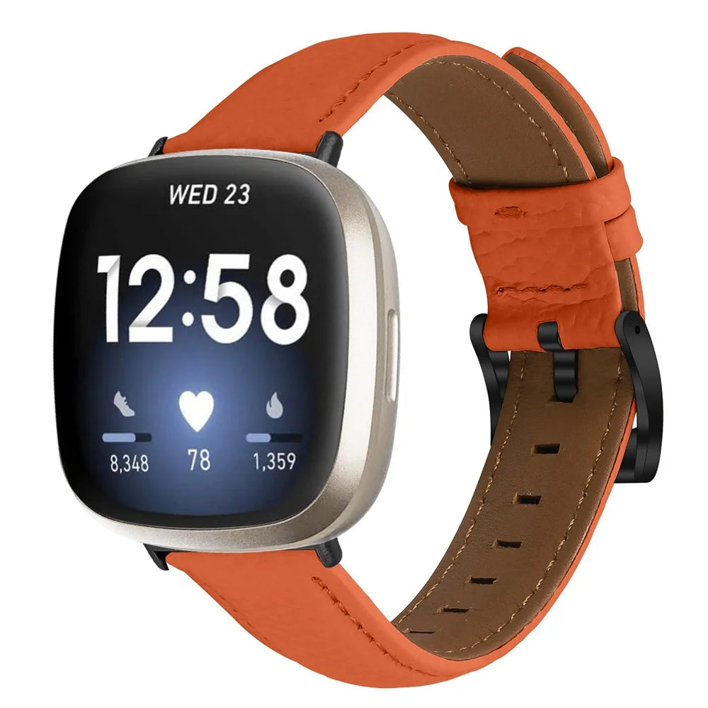 Litchi Textured Genuine Cow Leather Strap with Electroplated Buckle for Fitbit Versa 3 / Sense Pointed-End Watch Band - Orange / Black - 3