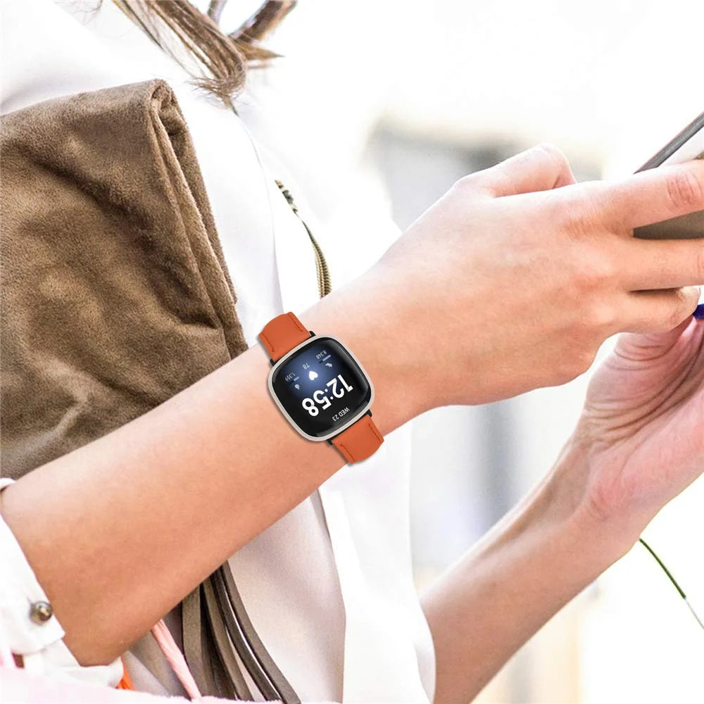 Litchi Textured Genuine Cow Leather Strap with Electroplated Buckle for Fitbit Versa 3 / Sense Pointed-End Watch Band - Orange / Black - 5