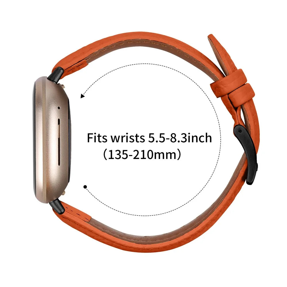 Litchi Textured Genuine Cow Leather Strap with Electroplated Buckle for Fitbit Versa 3 / Sense Pointed-End Watch Band - Orange / Black - 7