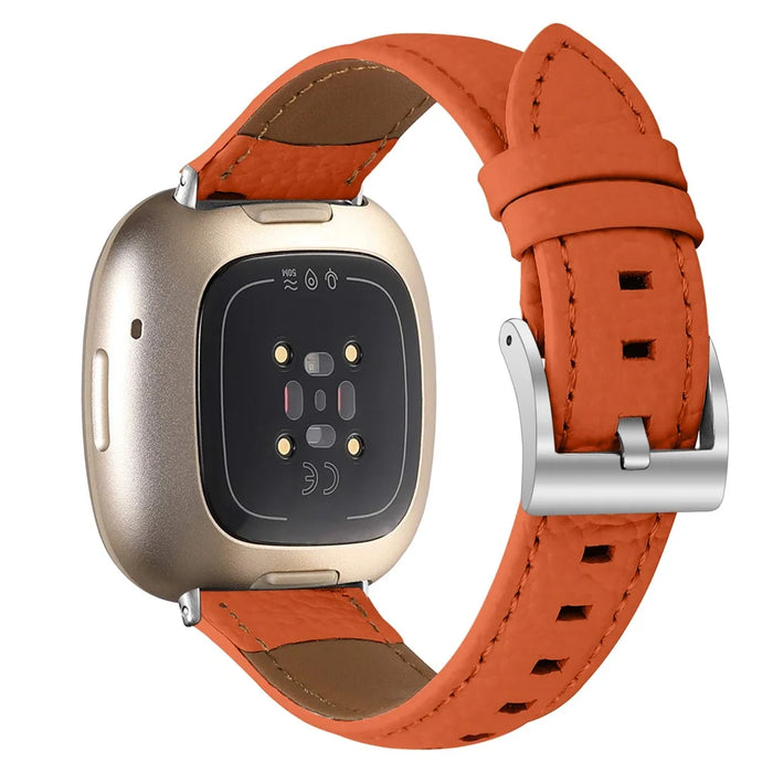 Litchi Textured Genuine Leather Strap for Fitbit Versa 4 / Sense 2 Pointed-End Watch Band with Silver Buckle - Orange - 1