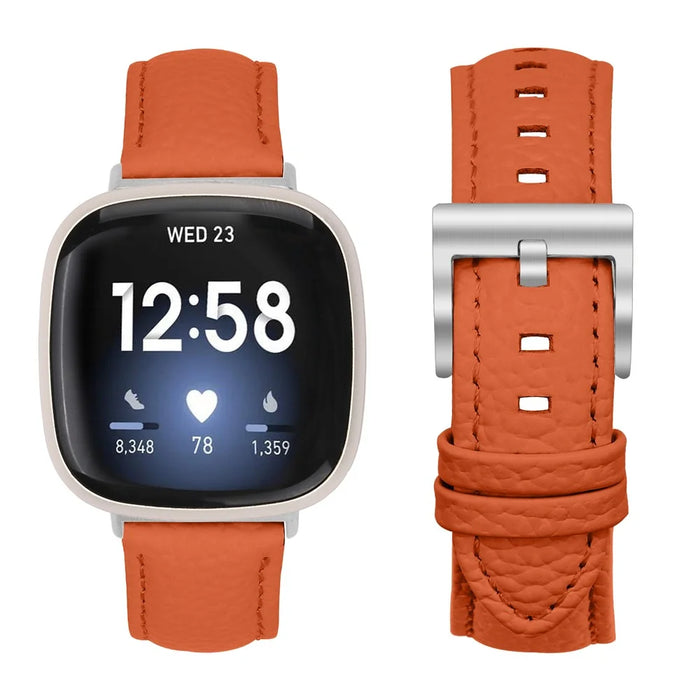 Litchi Textured Genuine Leather Strap for Fitbit Versa 4 / Sense 2 Pointed-End Watch Band with Silver Buckle - Orange - 2