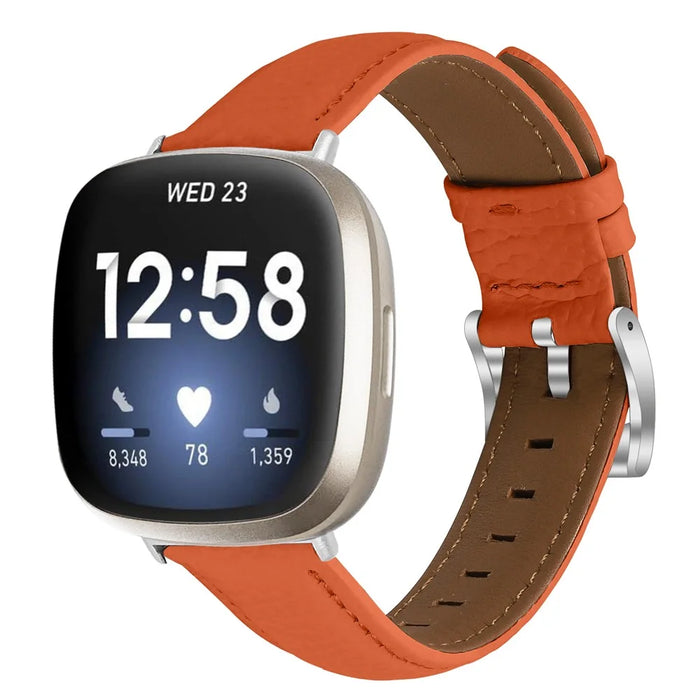 Litchi Textured Genuine Leather Strap for Fitbit Versa 4 / Sense 2 Pointed-End Watch Band with Silver Buckle - Orange - 3