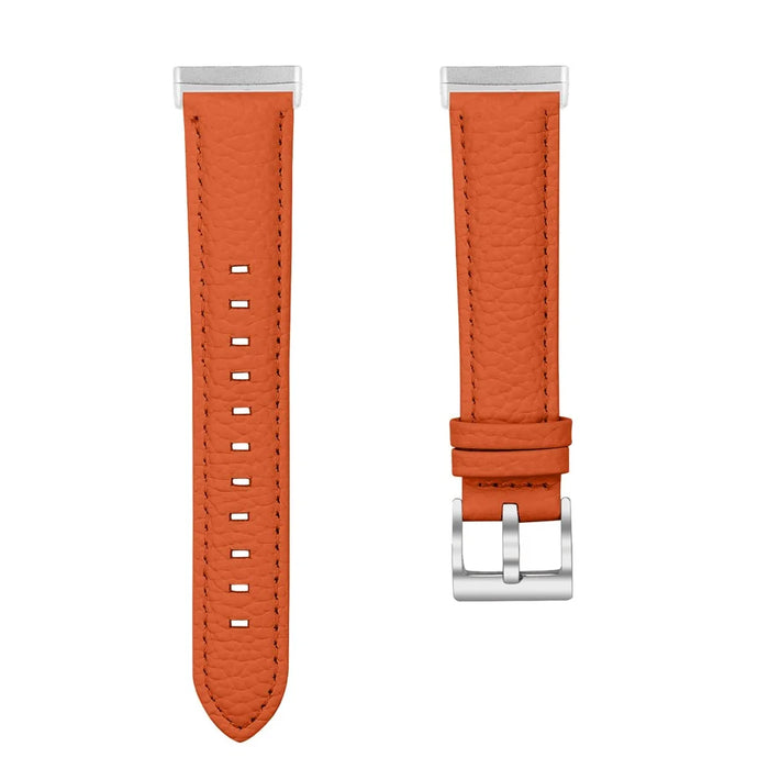 Litchi Textured Genuine Leather Strap for Fitbit Versa 4 / Sense 2 Pointed-End Watch Band with Silver Buckle - Orange - 4