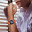 Litchi Textured Genuine Leather Strap for Fitbit Versa 4 / Sense 2 Pointed-End Watch Band with Silver Buckle - Orange - 6