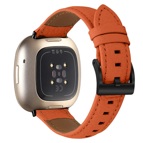 Litchi Textured Genuine Cow Leather Strap with Electroplated Buckle for Fitbit Versa 4  /  Sense 2 Pointed-End Watch Band - Orange / Black - 1