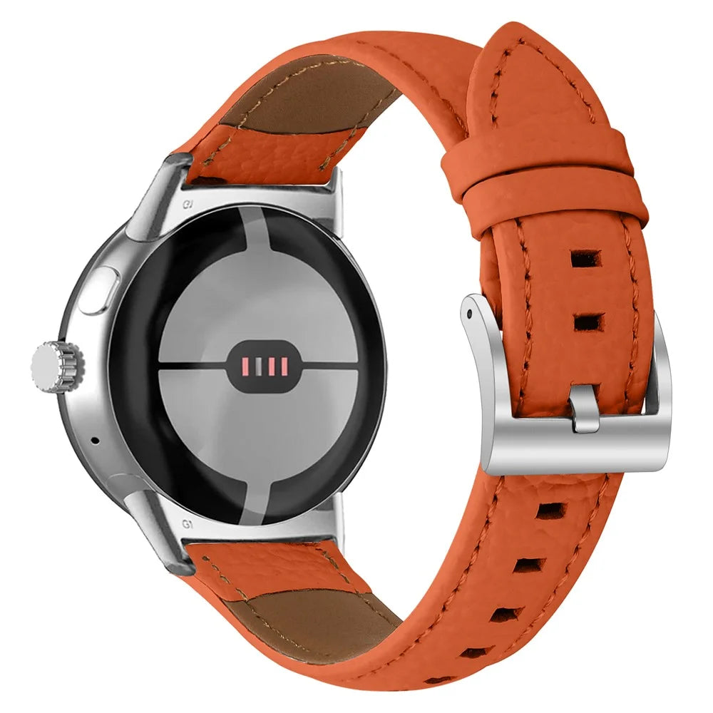 Litchi Textured Genuine Leather Strap for Google Pixel Watch 4 41mm / Watch 3 41mm / Watch 2 / Watch Pointed-End Watch Band with Silver Buckle - Orange - 1