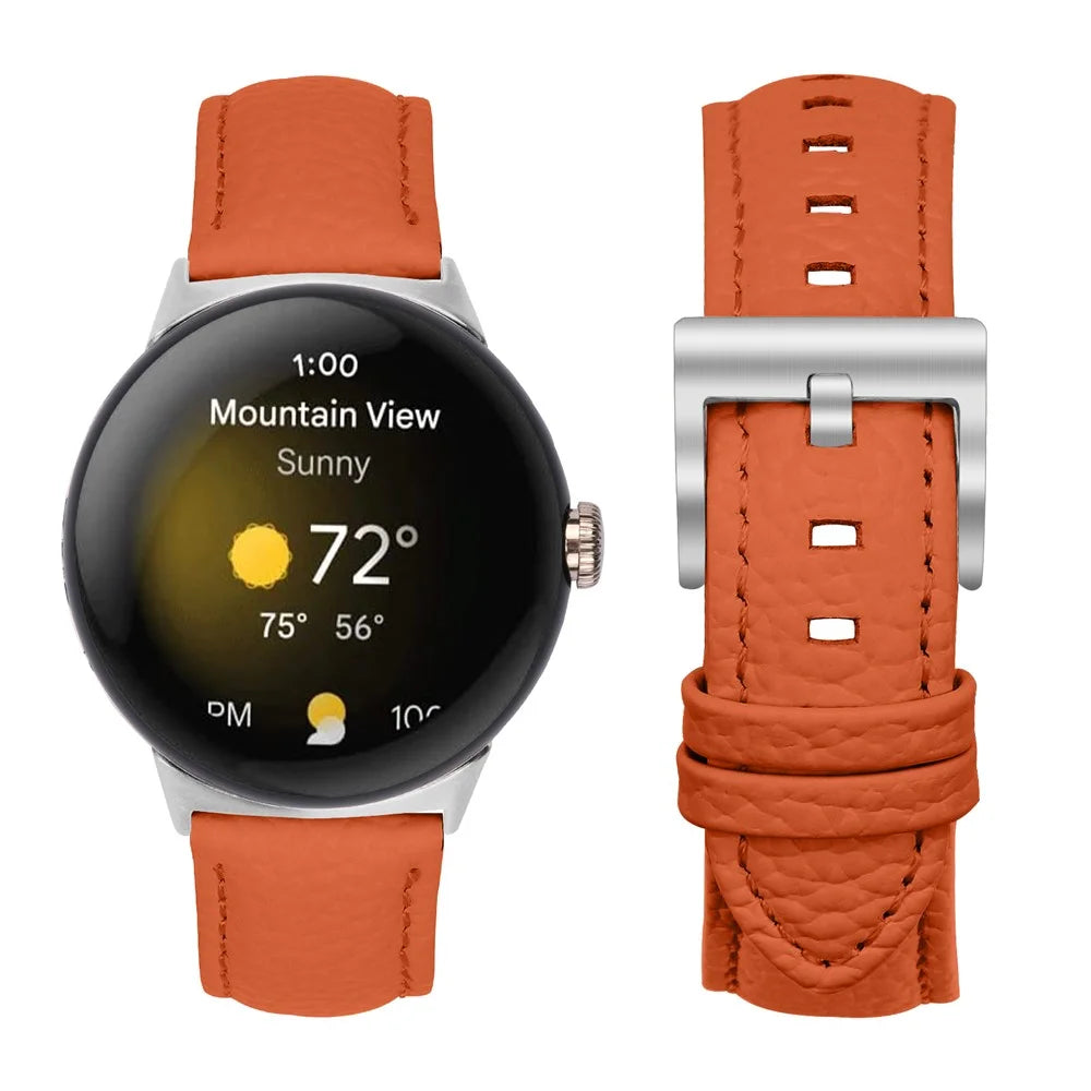 Litchi Textured Genuine Leather Strap for Google Pixel Watch 4 41mm / Watch 3 41mm / Watch 2 / Watch Pointed-End Watch Band with Silver Buckle - Orange - 2
