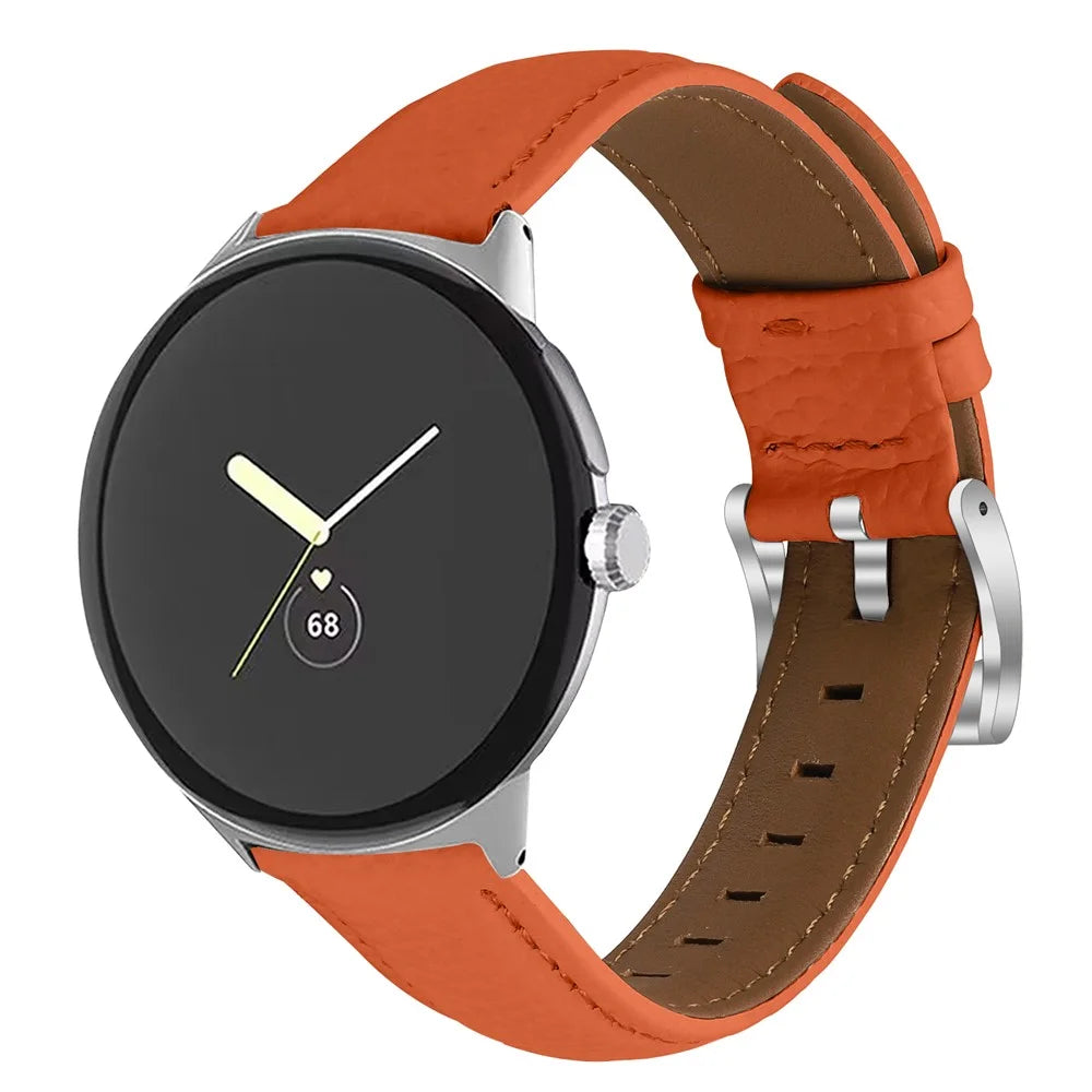 Litchi Textured Genuine Leather Strap for Google Pixel Watch 4 41mm / Watch 3 41mm / Watch 2 / Watch Pointed-End Watch Band with Silver Buckle - Orange - 3