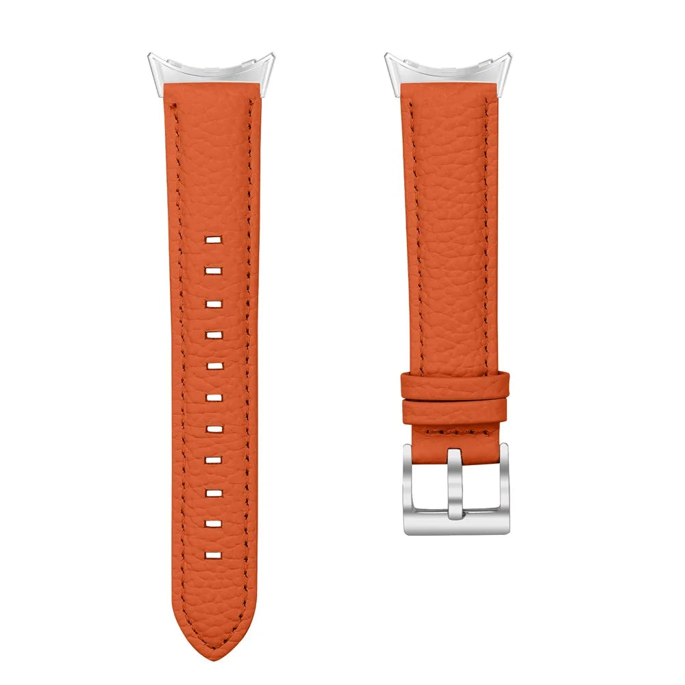 Litchi Textured Genuine Leather Strap for Google Pixel Watch 4 41mm / Watch 3 41mm / Watch 2 / Watch Pointed-End Watch Band with Silver Buckle - Orange - 4