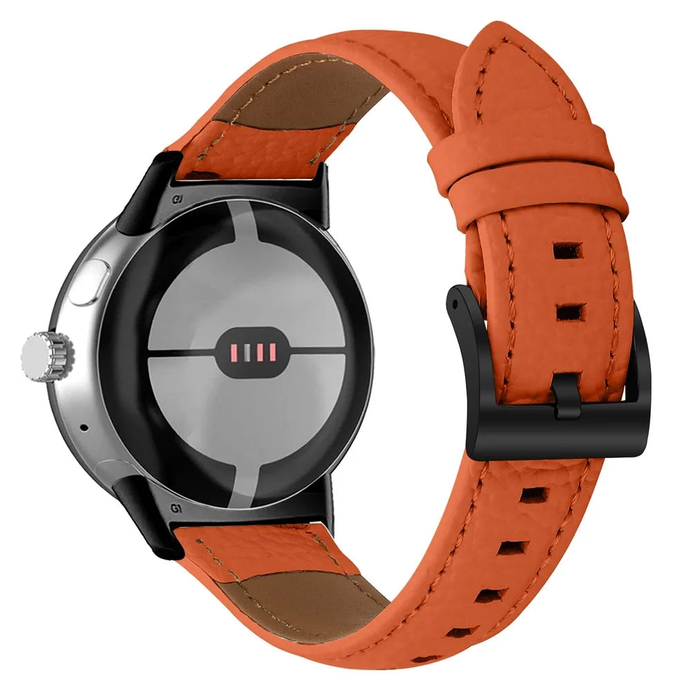 Litchi Textured Genuine Cow Leather Strap with Electroplated Buckle for Google Pixel Watch 4 41mm / Watch 3 41mm / Watch 2 / Watch Pointed-End Watch Band - Orange / Black - 1