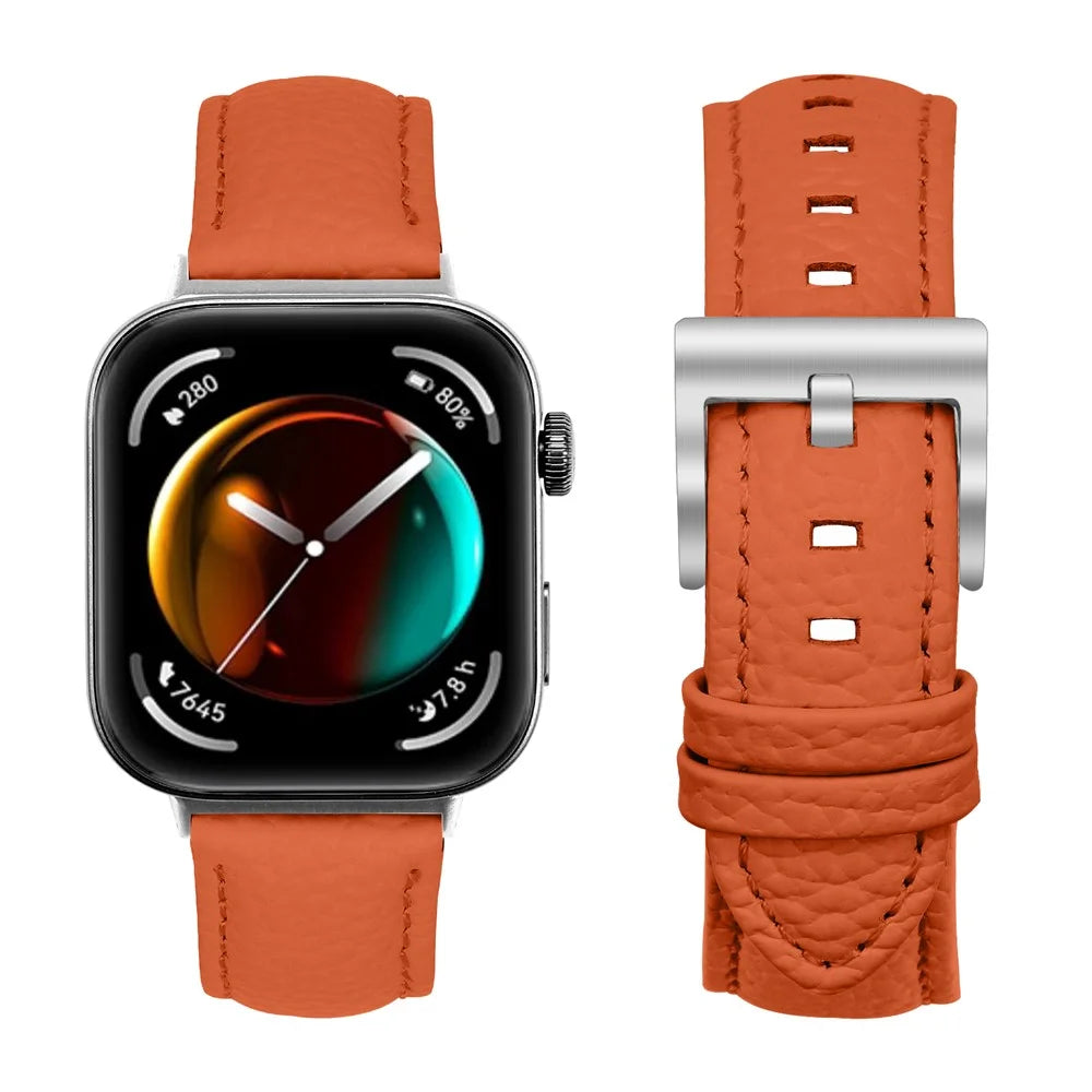 Litchi Textured Genuine Leather Strap for Huawei Watch Fit 4 Pro / Fit 4 / Fit 3 Pointed-End Watch Band with Silver Buckle - Orange - 2