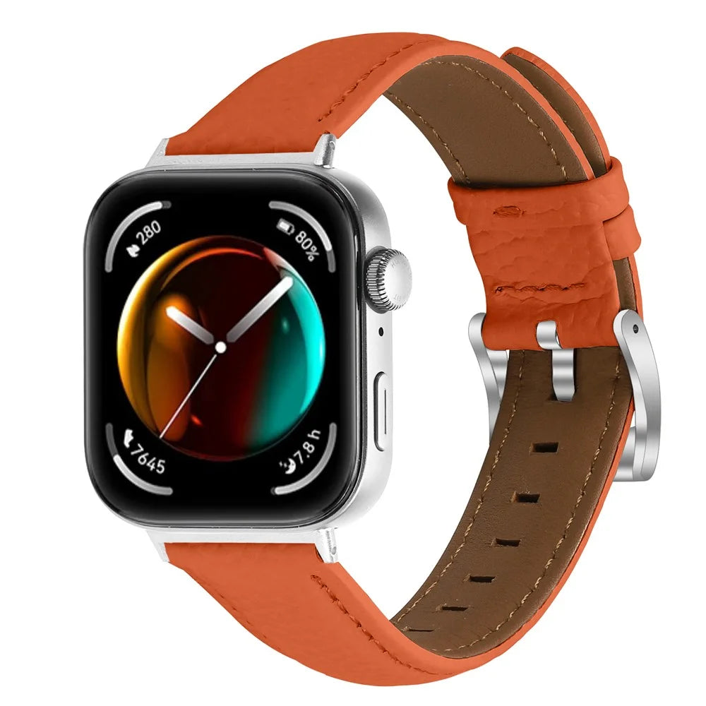 Litchi Textured Genuine Leather Strap for Huawei Watch Fit 4 Pro / Fit 4 / Fit 3 Pointed-End Watch Band with Silver Buckle - Orange - 3