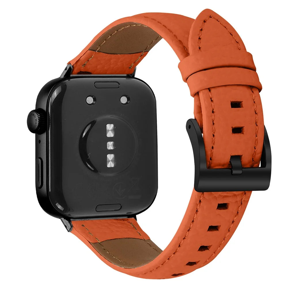Litchi Textured Genuine Cow Leather Strap with Electroplated Buckle for Huawei Watch Fit 4 Pro / Fit 4 / Fit 3 Pointed-End Watch Band - Orange / Black - 1
