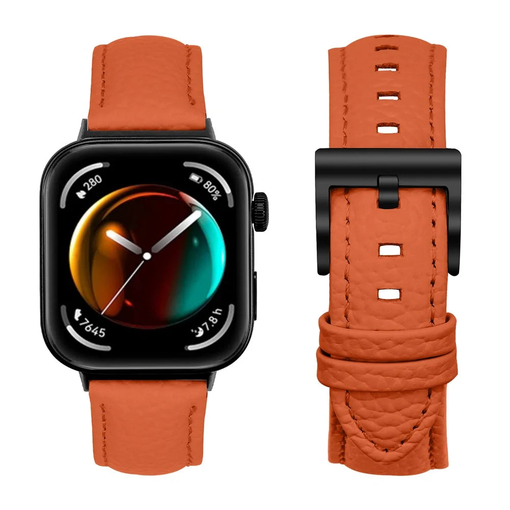 Litchi Textured Genuine Cow Leather Strap with Electroplated Buckle for Huawei Watch Fit 4 Pro / Fit 4 / Fit 3 Pointed-End Watch Band - Orange / Black - 2