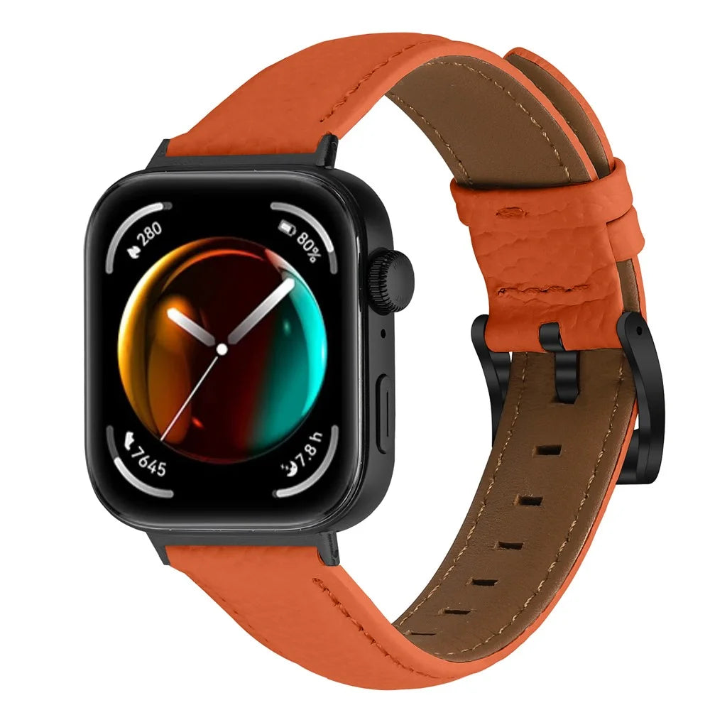 Litchi Textured Genuine Cow Leather Strap with Electroplated Buckle for Huawei Watch Fit 4 Pro / Fit 4 / Fit 3 Pointed-End Watch Band - Orange / Black - 3