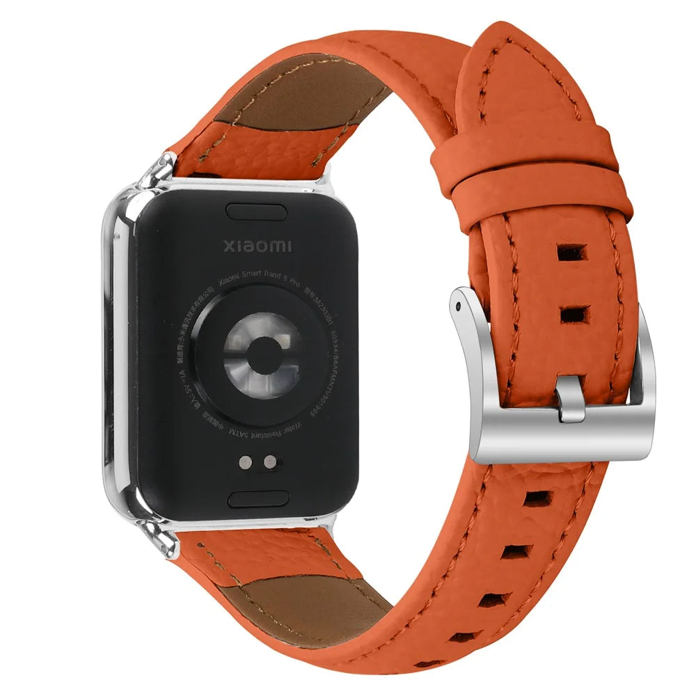 Litchi Textured Genuine Leather Strap for Xiaomi Smart Band 10 Pro / 9 Pro / 8 Pro / Redmi Watch 6 / 5 / 4 Pointed-End Watch Band with Silver Buckle - Orange - 1