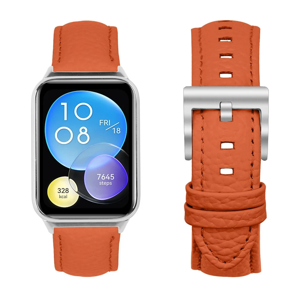 Litchi Textured Genuine Leather Strap for Xiaomi Smart Band 10 Pro / 9 Pro / 8 Pro / Redmi Watch 6 / 5 / 4 Pointed-End Watch Band with Silver Buckle - Orange - 2
