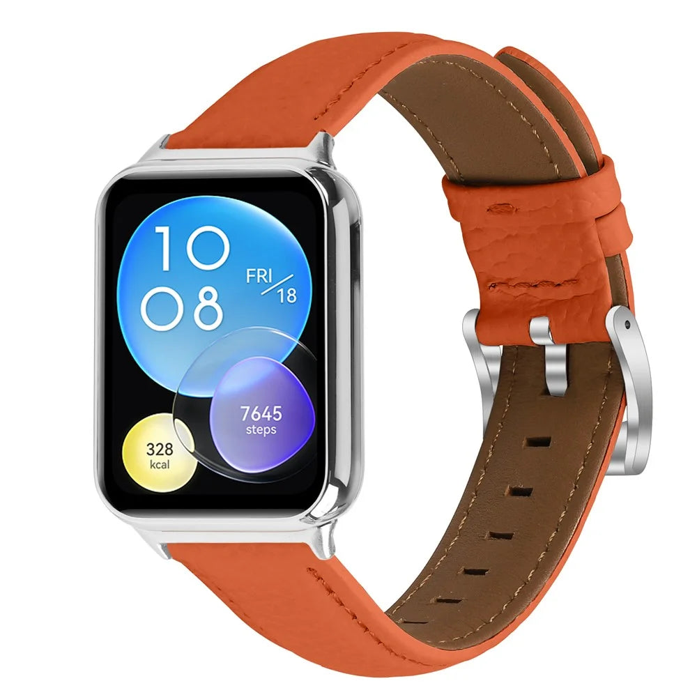 Litchi Textured Genuine Leather Strap for Xiaomi Smart Band 10 Pro / 9 Pro / 8 Pro / Redmi Watch 6 / 5 / 4 Pointed-End Watch Band with Silver Buckle - Orange - 3