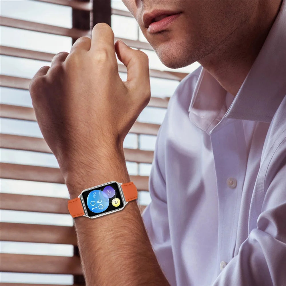 Litchi Textured Genuine Leather Strap for Xiaomi Smart Band 10 Pro / 9 Pro / 8 Pro / Redmi Watch 6 / 5 / 4 Pointed-End Watch Band with Silver Buckle - Orange - 6
