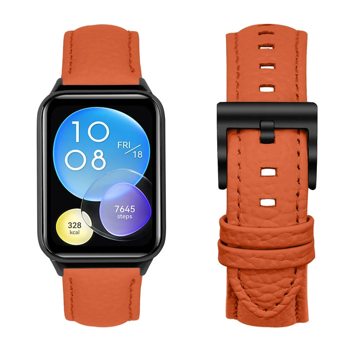 Litchi Textured Genuine Leather Strap with Electroplated Buckle for Xiaomi Smart Band 10 Pro / 9 Pro / 8 Pro / Redmi Watch 6 / 5 / 4 Pointed-End Watch Band - Orange / Black - 2
