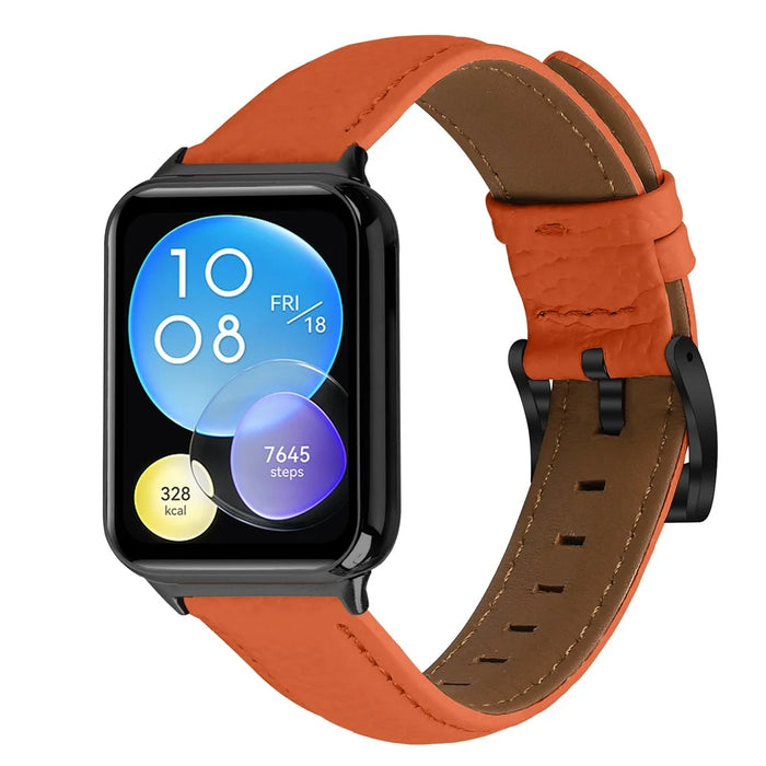 Litchi Textured Genuine Leather Strap with Electroplated Buckle for Xiaomi Smart Band 10 Pro / 9 Pro / 8 Pro / Redmi Watch 6 / 5 / 4 Pointed-End Watch Band - Orange / Black - 3