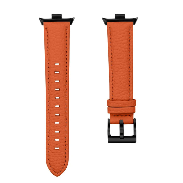 Litchi Textured Genuine Leather Strap with Electroplated Buckle for Xiaomi Smart Band 10 Pro / 9 Pro / 8 Pro / Redmi Watch 6 / 5 / 4 Pointed-End Watch Band - Orange / Black - 4