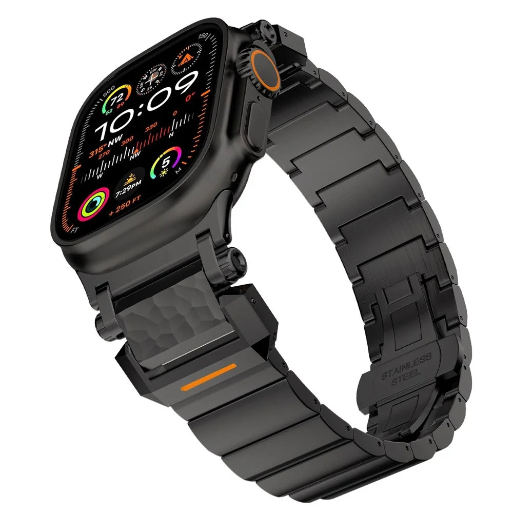 Textured Titanium Metal Band for Apple Watch Ultra 3 2 1 49mm  /  Series 11 10 46mm  /  9 8 7 45mm  /  SE3 SE2 SE 6 5 4 44mm  /  3 2 1 42mm Replacement Watch Strap with Butterfly Clasp - Black - 4