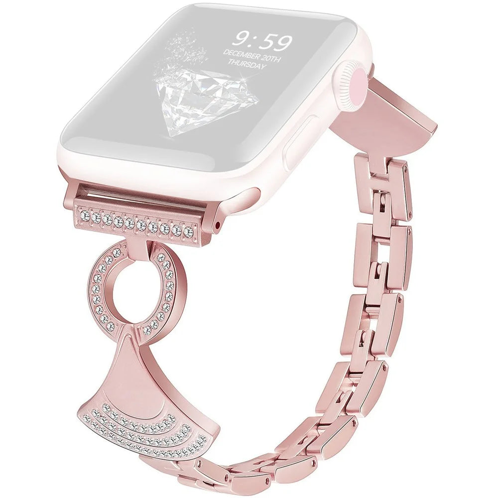 Stainless Strap for Apple Watch Series 11 10 42mm / 9 8 7 41mm / SE3 SE2 SE 6 5 4 40mm / 3 2 1 38mm Shell Shape Rhinestone Decor Watch Band - Rose Pink - 1