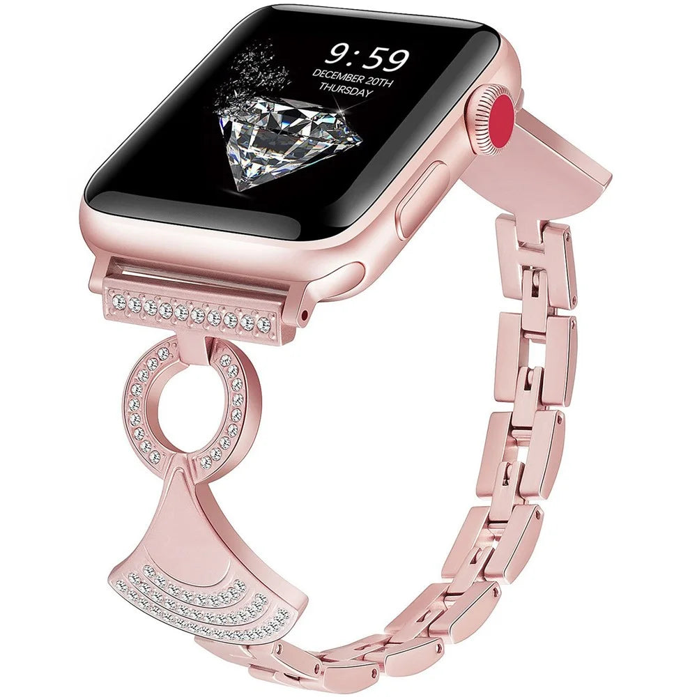 Stainless Strap for Apple Watch Series 11 10 42mm / 9 8 7 41mm / SE3 SE2 SE 6 5 4 40mm / 3 2 1 38mm Shell Shape Rhinestone Decor Watch Band - Rose Pink - 2