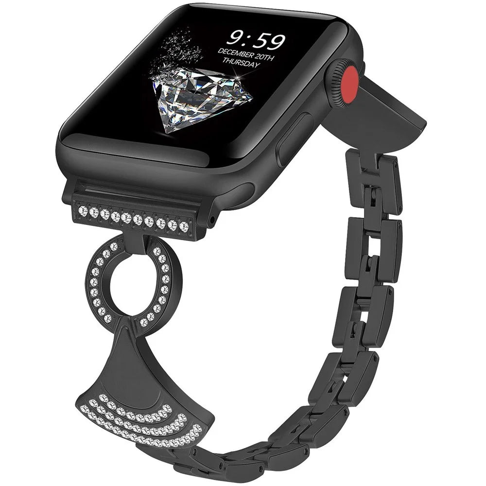 Stainless Strap for Apple Watch Ultra 3 2 1 49mm / Series 11 10 46mm / 9 8 7 45mm / SE3 SE2 SE 6 5 4 44mm / 3 2 1 42mm Shell Shape Rhinestone Decor Watch Band - Black - 2