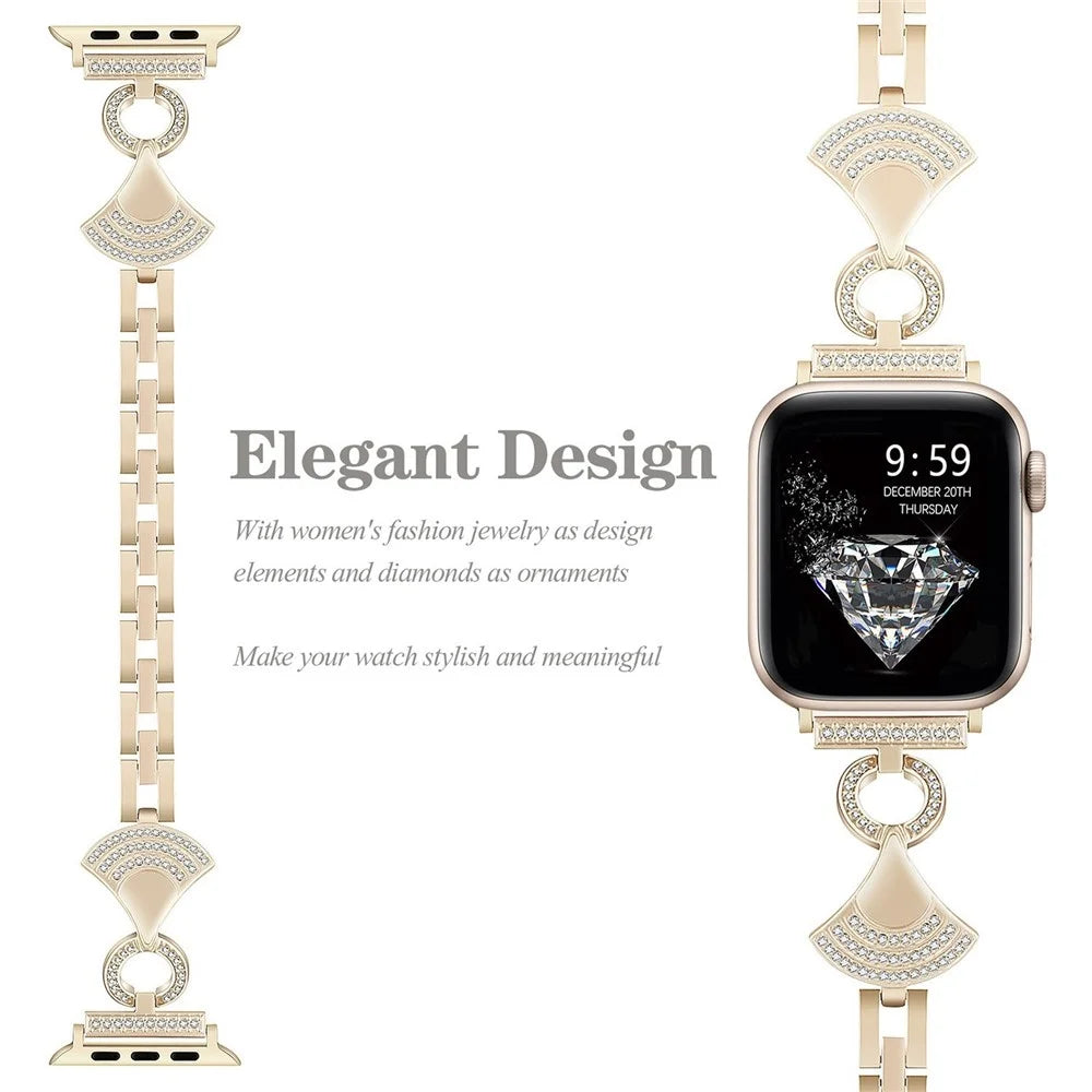 Stainless Strap for Apple Watch Ultra 3 2 1 49mm / Series 11 10 46mm / 9 8 7 45mm / SE3 SE2 SE 6 5 4 44mm / 3 2 1 42mm Shell Shape Rhinestone Decor Watch Band - Black - 5