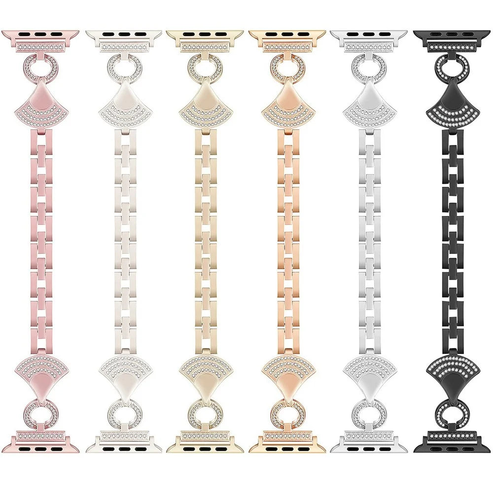 Stainless Strap for Apple Watch Ultra 3 2 1 49mm / Series 11 10 46mm / 9 8 7 45mm / SE3 SE2 SE 6 5 4 44mm / 3 2 1 42mm Shell Shape Rhinestone Decor Watch Band - Black - 6