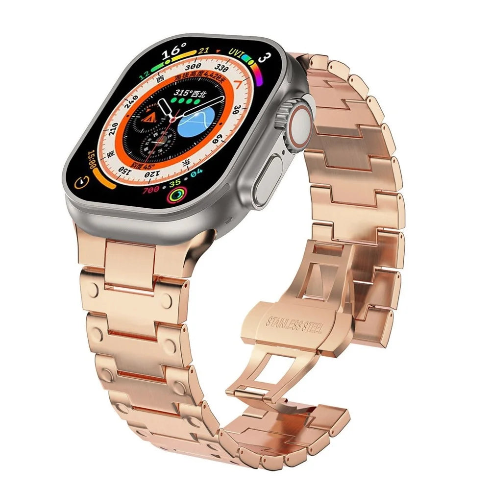 Mechanical Style Metal Strap for Apple Watch Series 11 10 42mm / 9 8 7 41mm / SE3 SE2 SE 6 5 4 40mm / 3 2 1 38mm Watch Band with Butterfly Clasp - Rose Gold - 4