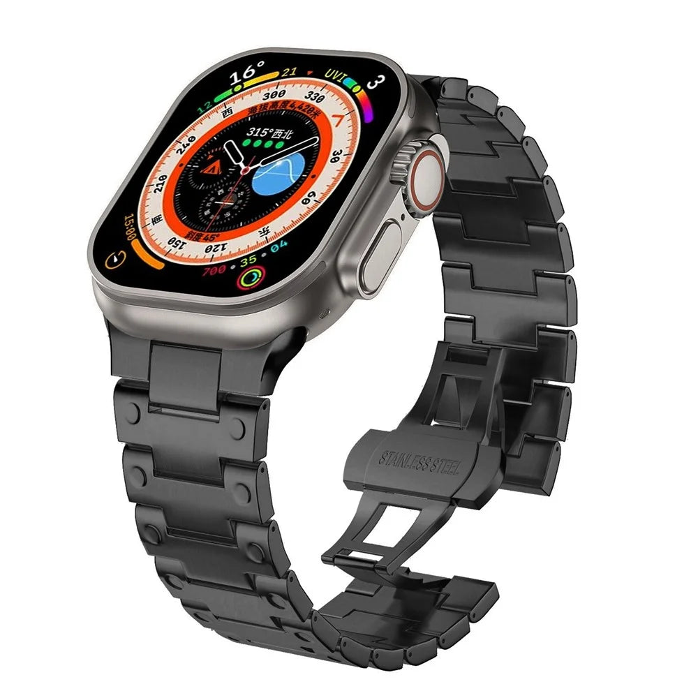 Mechanical Style Metal Strap for Apple Watch Ultra 3 2 1 49mm / Series 11 10 46mm / 9 8 7 45mm / SE3 SE2 SE 6 5 4 44mm / 3 2 1 42mm Watch Band with Butterfly Clasp - Black - 4