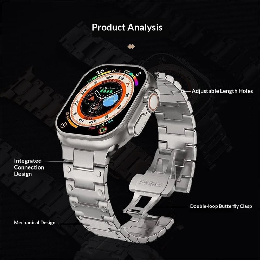 Mechanical Style Metal Strap for Apple Watch Ultra 3 2 1 49mm / Series 11 10 46mm / 9 8 7 45mm / SE3 SE2 SE 6 5 4 44mm / 3 2 1 42mm Watch Band with Butterfly Clasp - Black - 7