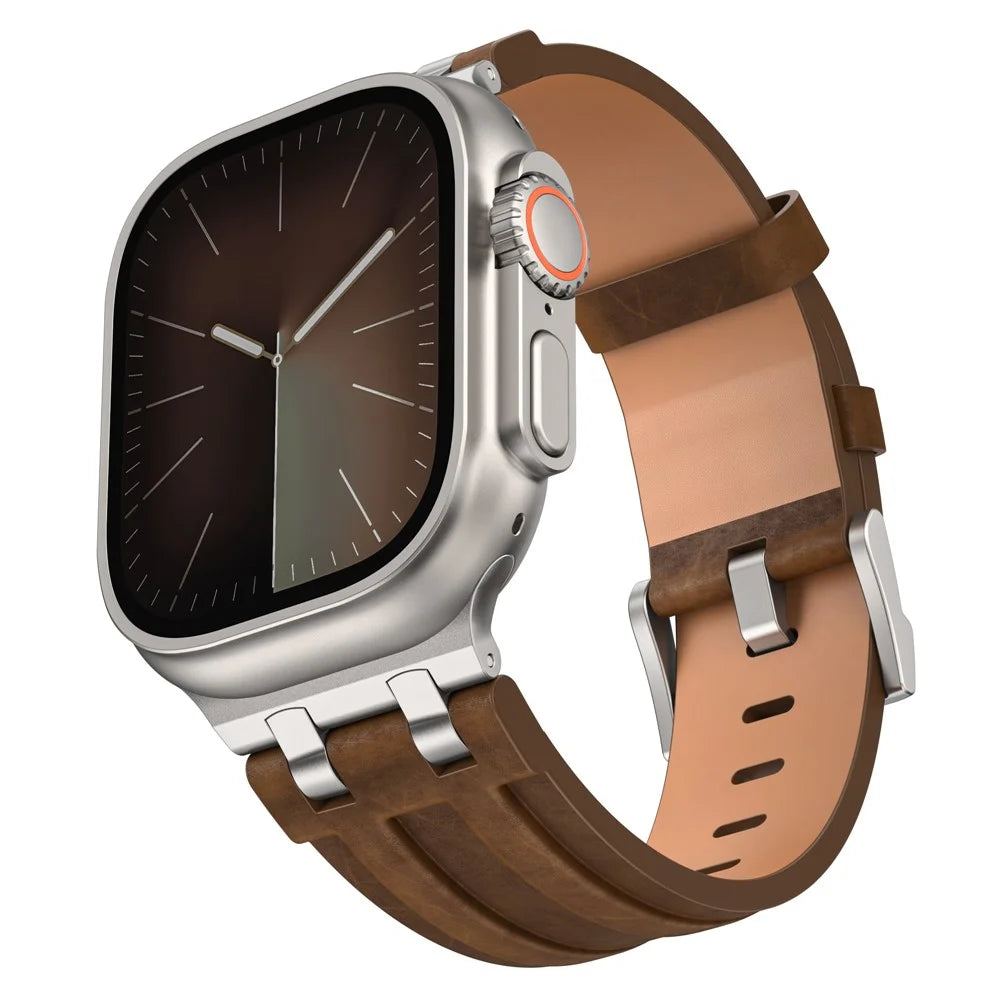 Leather Watch Band for Apple Watch Ultra 3 2 1 49mm  /  Series 11 10 46mm  /  9 8 7 45mm  /  SE3 SE2 SE 6 5 4 44mm  /  3 2 1 42mm Replacement Strap with Stainless Steel Buckle - Bronze - 2