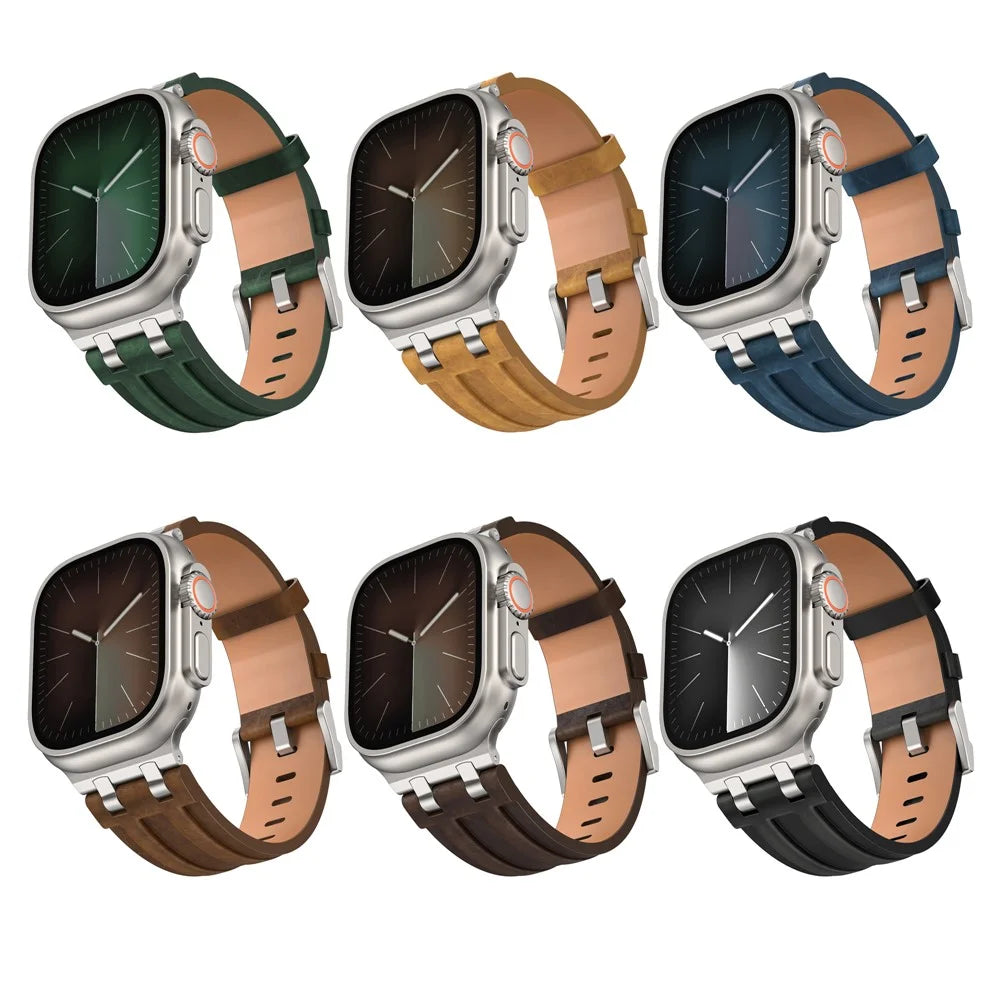 Leather Watch Band for Apple Watch Ultra 3 2 1 49mm  /  Series 11 10 46mm  /  9 8 7 45mm  /  SE3 SE2 SE 6 5 4 44mm  /  3 2 1 42mm Replacement Strap with Stainless Steel Buckle - Bronze - 5