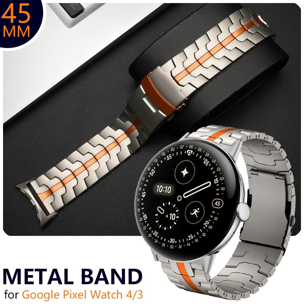 Titanium Alloy Watch Strap for Google Pixel Watch 4 45mm / Watch 3 45mm Wristband with Stainless Steel Buckle -  Titanium / Orange - 2