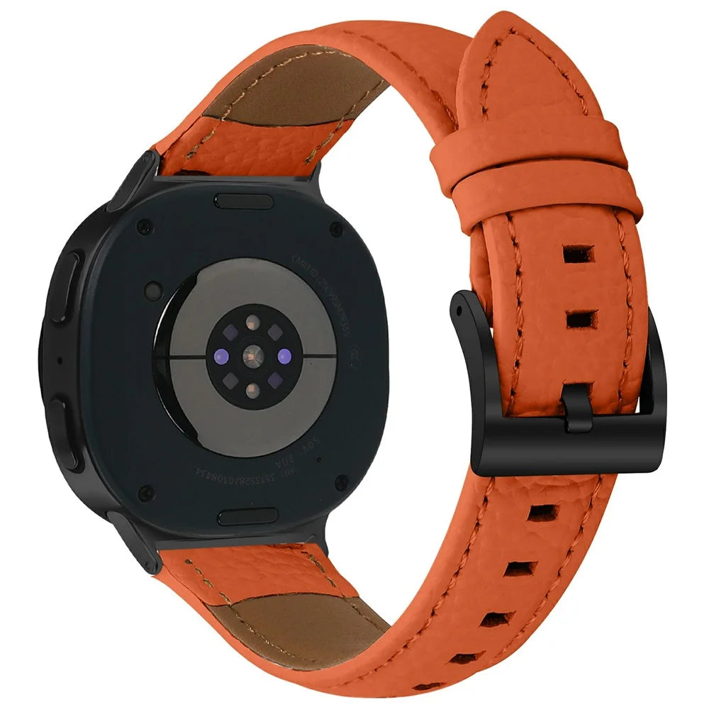 Litchi Textured Genuine Cow Leather Strap with Electroplated Buckle for Samsung Galaxy Watch8 Classic 46mm / Watch8 44mm / 40mm Pointed-End Watch Band - Orange  /  Black - 1