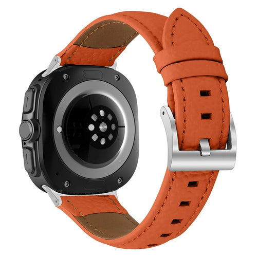 For Samsung Galaxy Watch Ultra2 47mm / Watch Ultra (2025) 47mm / Watch Ultra 47mm Litchi Texture Genuine Cow Leather Strap Pointed-End Watch Band with Silver Buckle - Orange - 1