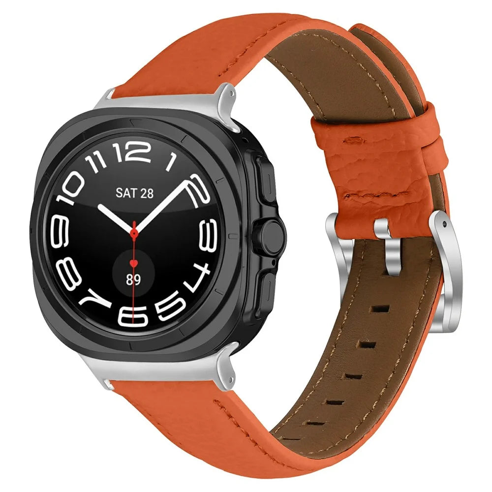For Samsung Galaxy Watch Ultra2 47mm / Watch Ultra (2025) 47mm / Watch Ultra 47mm Litchi Texture Genuine Cow Leather Strap Pointed-End Watch Band with Silver Buckle - Orange - 2